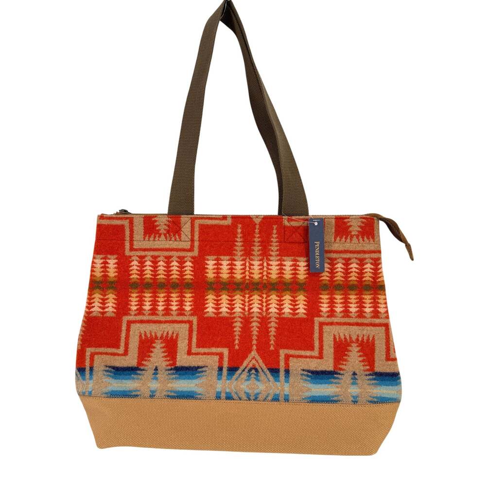 Pendleton Harding City Tote Red Wool Brown Canvas 14" X 12.5"